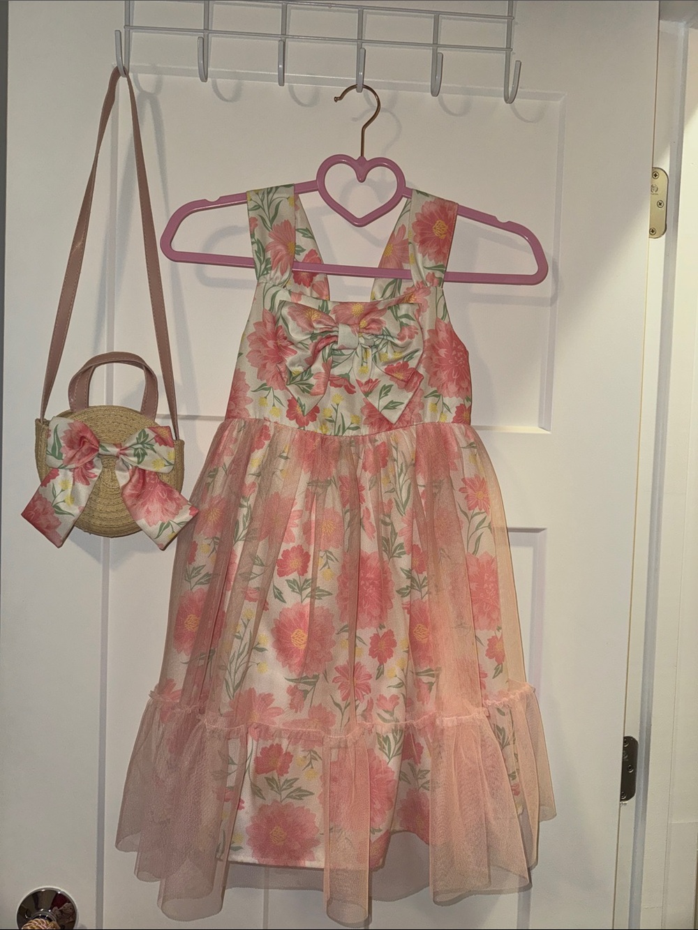 Kids Floral Pink Bow Dress with Matching Straw Purse